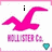 Pixelated pink seagull logo with 'Hollister Co.' text, cyan heart, and changing text above the bird across frames.