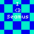 Pixel art icon with blue and cyan checkered background, displaying 'I <3 Seamus' text in white pixelated font across two distinct animation states.