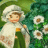 Animated icon of a figure in white bonnet and cape holding a staff, standing before green foliage with white flowers.
