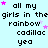 Pixelated text repeats 'all my girls in the rainbow cadillac yea' with pink stars on a light blue background, animated by star position changes.