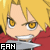 Pixelated anime-style character with blonde hair and yellow eyes, wearing red clothing, holding a silver object, with 'FAN' text below.
