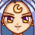 Pixel art contact sheet of a character's face with multiple expressions and eye states across five frames, featuring a crescent moon symbol on the forehead, purple hair with white highlights, and blue background.