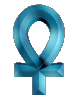 Animated sequence of a blue 3D female symbol rotating through multiple angles against a gray background.