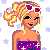 Pixelated character with blonde hair in a high ponytail, wearing purple headband with pink flowers and purple dress with yellow stars.