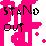 Pixelated pink and white icon with partial text reading 'STAY OUT' in dark brown letters, a black circular symbol on the right, and scattered red-and-gray pixel clusters.