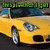 Yellow sports car with blue roof in four- , green pixelated text above and below each