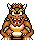 Pixel art character with brown skin, green shoulder pads, and a crown, shown in multiple poses with varying body size and head position.