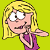 Animated cartoon character with blonde hair and purple top in six poses against green background, text labels on magenta