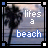 six identical beach-themed with palm trees, ocean water, and text reading 'lifes a beach' in white and blue pixelated fonts
