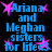 Blue pixelated text reads "Ariana and Meghan sisters for life" with pink starbursts on a black background, repeated in four identical quadrants.