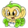 A cartoon monkey with green hair and a diaper displays nine distinct facial expressions in a