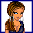 A 4x4 contact sheet of a pixel art animated buddy icon featuring a woman with brown braided hair, blue eyes, and silver earrings in various poses including full-body, partial body, and text-only frames.