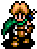 Pixel art character with orange hair and green scarf in two poses, one holding a blue object near the face.