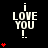 Pixelated text "i LOVE YOU !" on black background with red heart animations in three