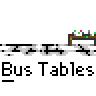 Animated contact sheet of a pixel art character in green shirt performing various actions across 18 frames, with repeated "Bus Tables" text and brown tables on gray background.