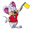Animated cartoon mouse in red shirt holding yellow flag, showing four sequential poses with flag movement and body position changes.