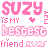 Pixelated pink text and heart symbol on white background with visible dithering and anti-aliasing effects.