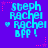 Pixelated text 'steph Rachel Rachel BFF!' in cyan on purple background with pink stars and dotted lines.