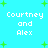 Pixelated text 'Courtney and Alex' repeated four times on a cyan background with green plus signs, no visible animation changes.