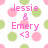 Pixelated icon with pink and green circles on white background, displaying 'Jessie & Emery <3' in bright pink text.