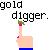 Pixelated text reads 'gold digger.' above a pixelated hand holding a small shovel with green and brown details.