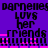Pixelated text repeats across a purple background with pink horizontal bars, showing 'darnelles', 'lovs', 'her', 'friends', and 'm' in black and pink.