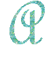 Four variations of a stylized lowercase 'a' rendered in turquoise and green glitter on gray background, each with distinct letterform curves.