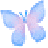 Four pixelated butterflies in blue, purple, pink, and rainbow hues arranged on a gray background.