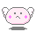 Four pixelated pink characters with white ears and purple cheek marks, each in a different pose on gray background.