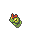 Green pixelated creature with red headpiece and yellow eyes, shown in two side-by-side poses against gray background.