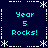 Pixelated blue background with white dashed borders and star shapes, displaying four identical text blocks reading 'Year 5 Rocks!' in cyan.