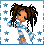 Pixelated character with brown dreadlocks, orange skin, and blue-and-white outfit against white background with blue stars.