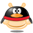 Pixelated cartoon penguin with black head, orange beak and feet, red bandana, two small ears, and a rounded body on gray background.