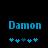 Blue pixelated text 'Damon' above five blue star-like symbols on a black background, with one symbol changing position between frames.