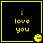 Four identical black square with yellow borders display 'i love you' text and a Pac-Man icon, arranged in a