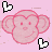 Pixelated pink monkey face with heart-shaped eyes and smile, surrounded by white and pink pixel hearts on a light pink background.