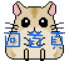 Pixelated hamster with large black eyes, pink inner ears, and blue square symbols on its chest against a gray background.