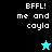 Pixelated text 'BFFL! me and cayla' appears on two background colors with a star icon changing from cyan to black.