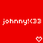 Red background with white pixelated text 'johnny!<(3' repeated twice and two heart symbols below.