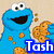 Two blue Cookie Monster figures with black eyes and mouths, holding cookies, with 'Tash' text in blue and brown backgrounds.