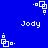 Blue background with white pixelated text 'Jody' and repeating white square-and-dot patterns in four orientations.