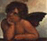 Two mirrored angel figures with dark curly hair and black wings rest elbows on a surface, hands near faces in contemplative poses against a light background.