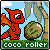 A red dragon-like creature stands beside a large green watermelon under palm trees, with 'coco roller' text on a green banner below.