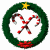 Green wreath with yellow star and red bow surrounds crossed candy canes in white background.
