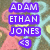 Pixelated image with purple text blocks reading ADAM ETHAN JONES 43 over a background of pink figures, yellow hearts, and light blue lines.