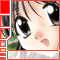 Anime-style character face with large black eyes and white pupils, pink cheeks, small nose, open mouth showing teeth, dark hair strands visible at top edge.
