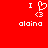 Red background with white pixelated text and symbols: 'I' followed by a heart symbol, then '<3', below which is the word 'alaina'.