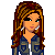 Pixel art of a woman with long brown hair wearing a blue denim jacket over a white top and gray pants, holding two silver handbags with black handles.