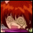 Pixelated anime-style character with red hair and closed eyes, wearing a purple garment, next to stylized text on a black background.