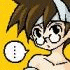 Pixelated anime-style character with brown hair and white headband, yellow background, two speech bubbles showing sequential animation change.